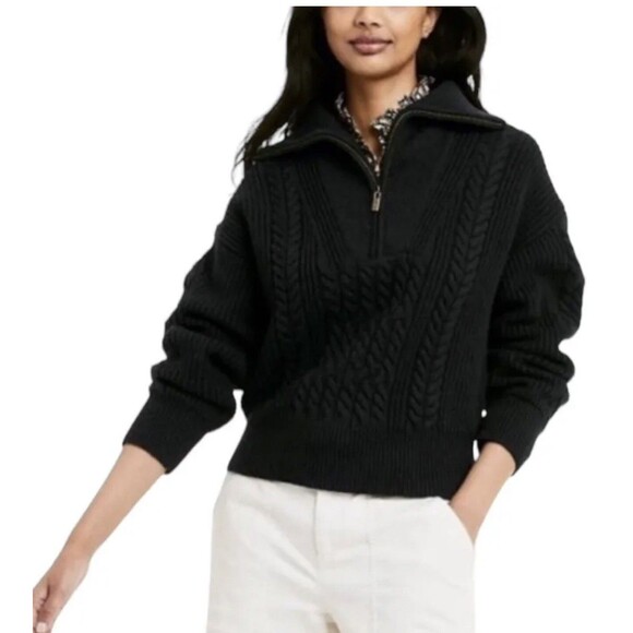 Nili Lotan Cable Knit Chunky Sweater Women XL Quarter Zip Black @L1 - Picture 1 of 9